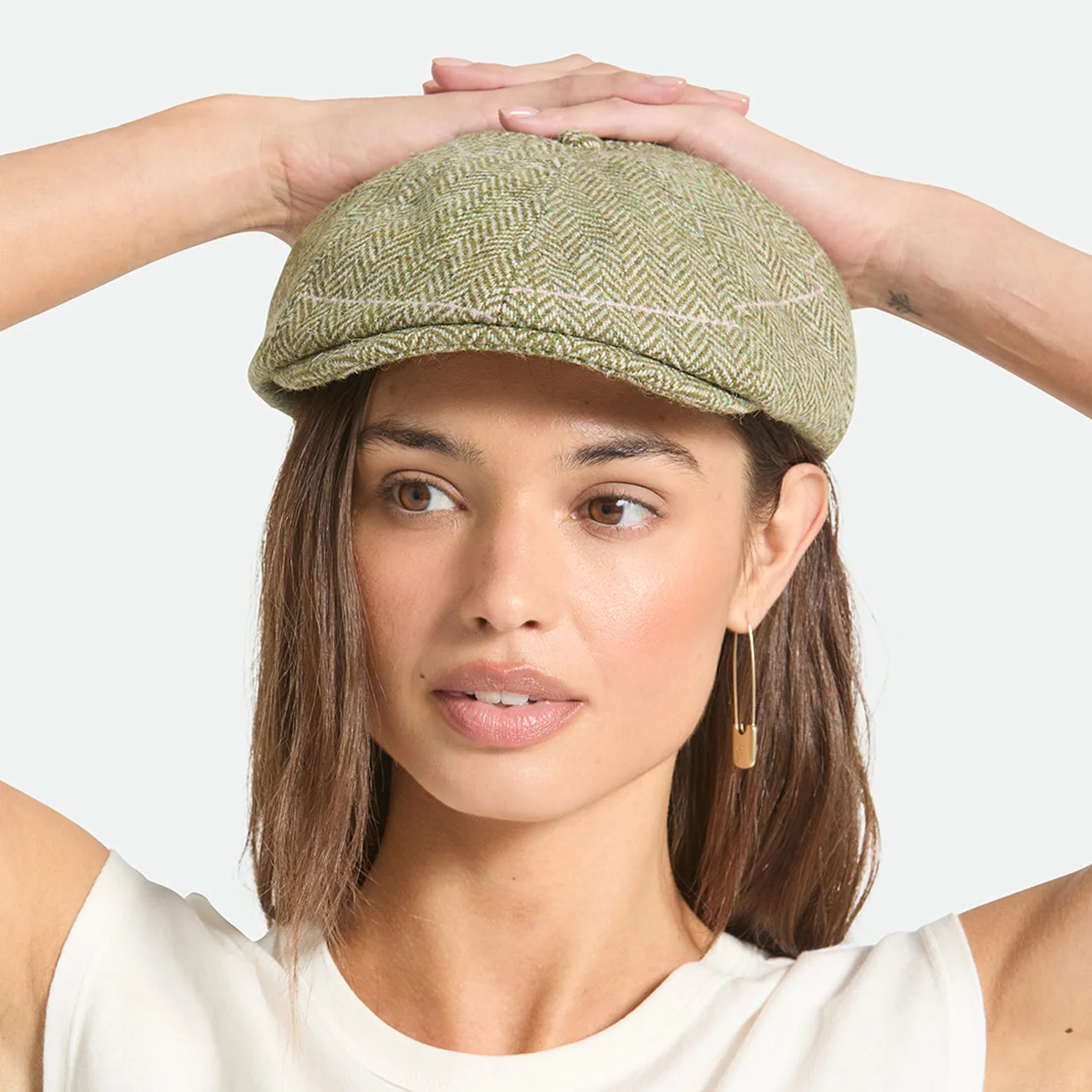 Brixton Hats Brood Herringbone Lightweight Newsboy Cap - Green-Sand-Pink image 4