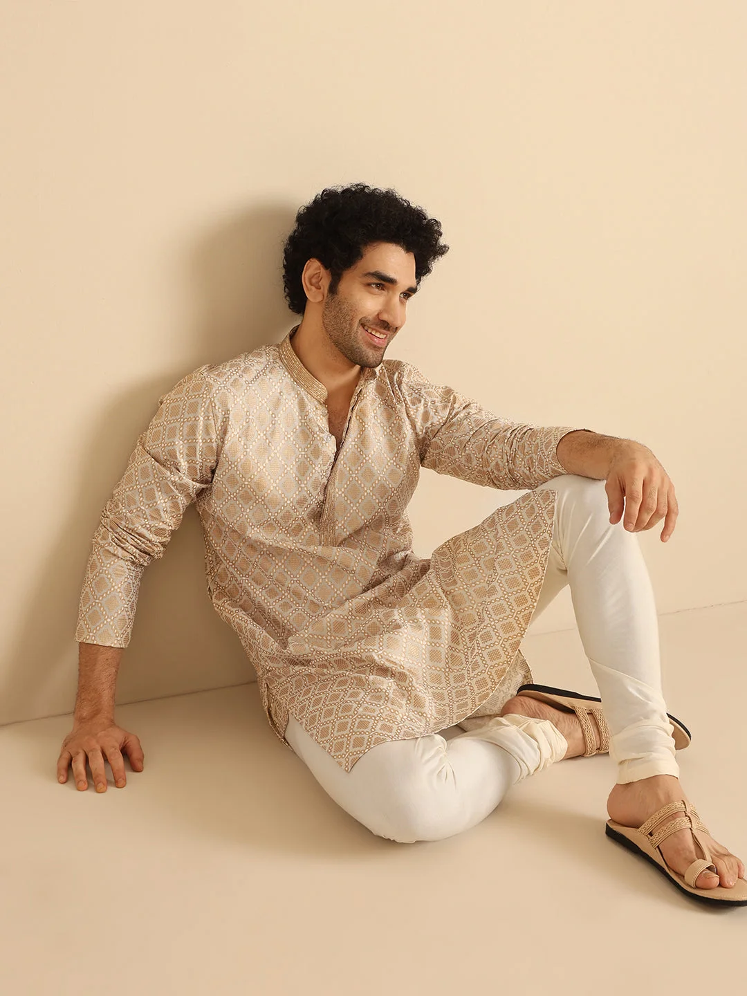 Beige Silk Blend Kurta with Intricate Woven Design and Mandarin Collar image 2