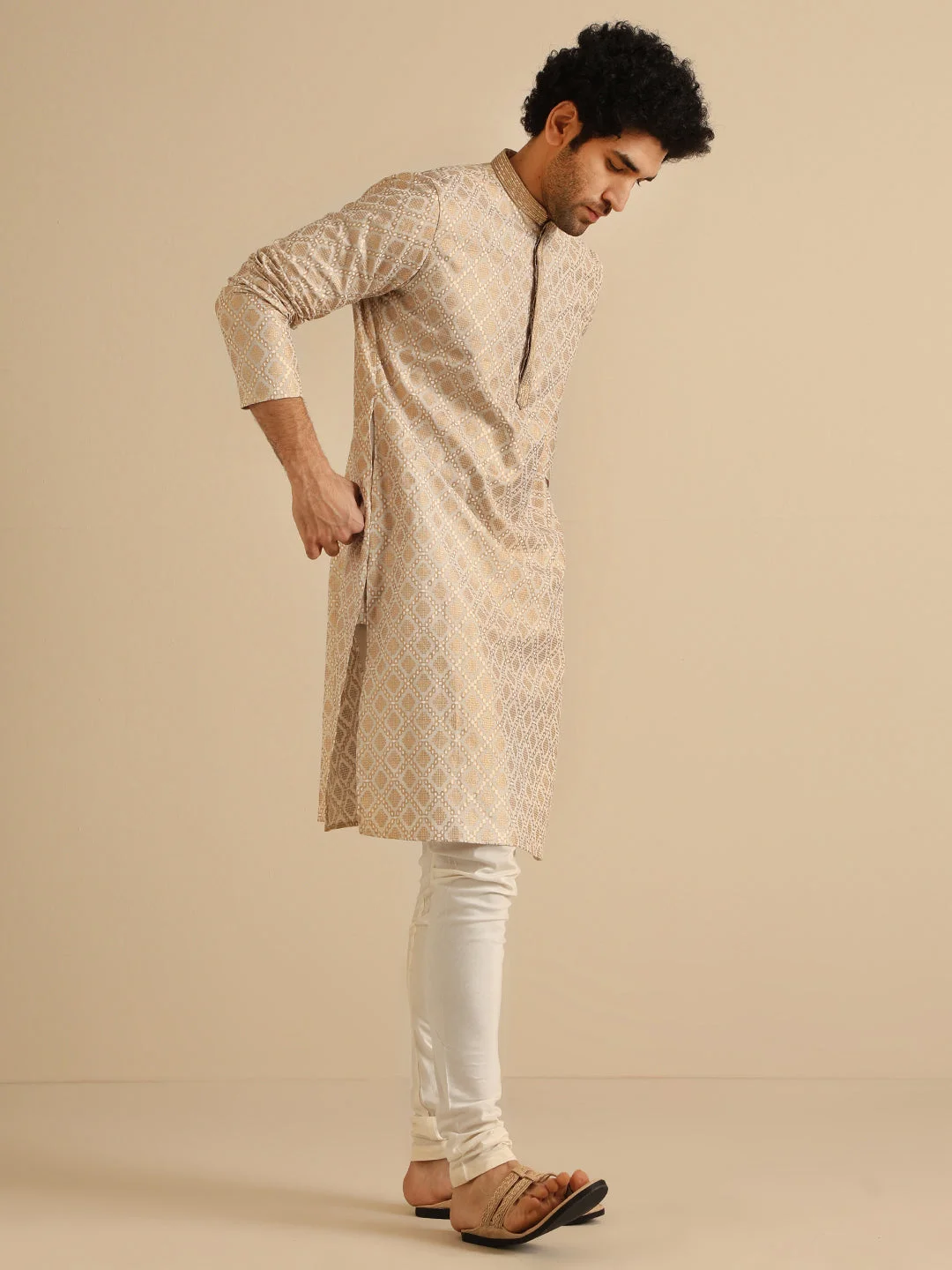 Beige Silk Blend Kurta with Intricate Woven Design and Mandarin Collar image 3
