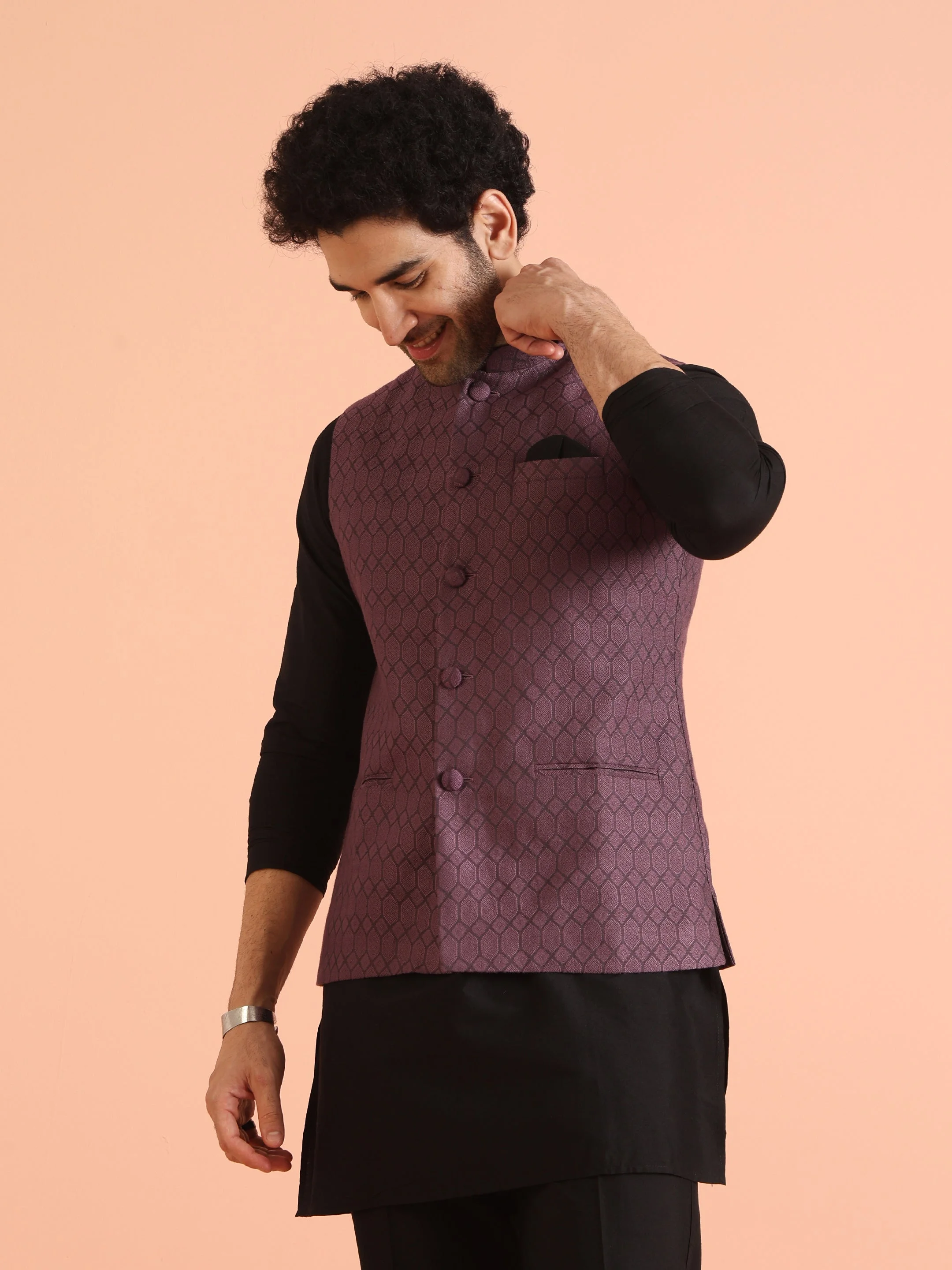Purple Silk Blend Geometric Nehru Jacket image 1