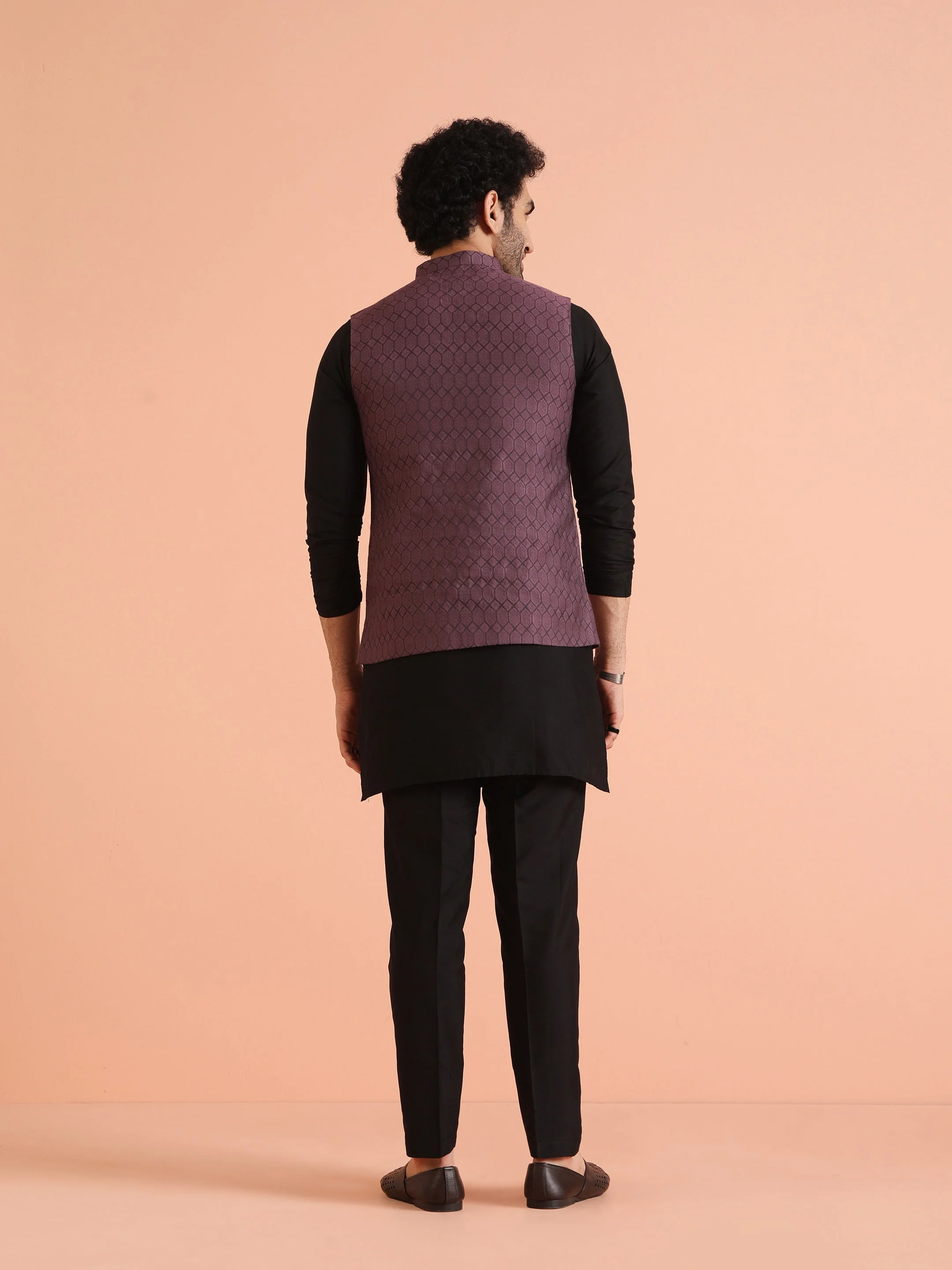 Purple Silk Blend Geometric Nehru Jacket image 4