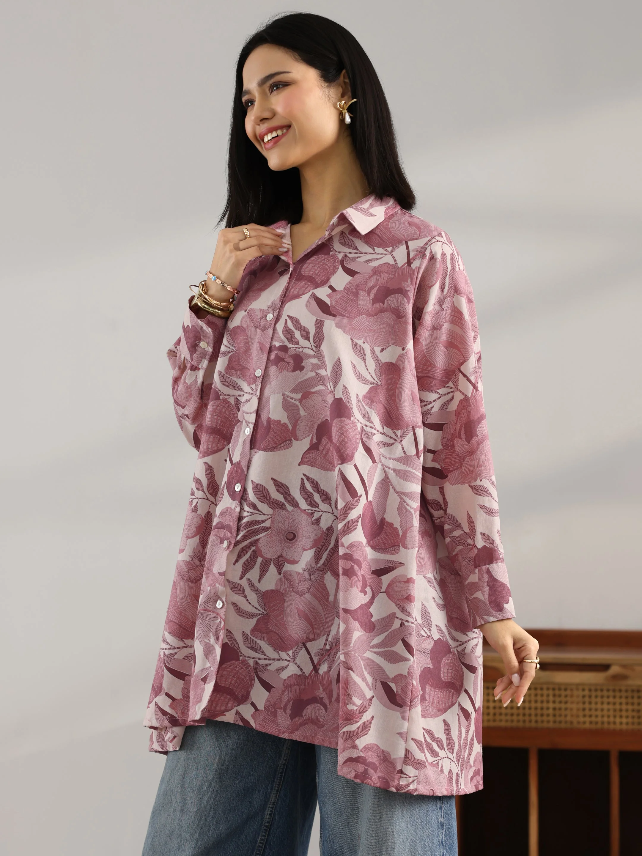 Mauve Printed Cotton A-Line Shorti Kurti image 2
