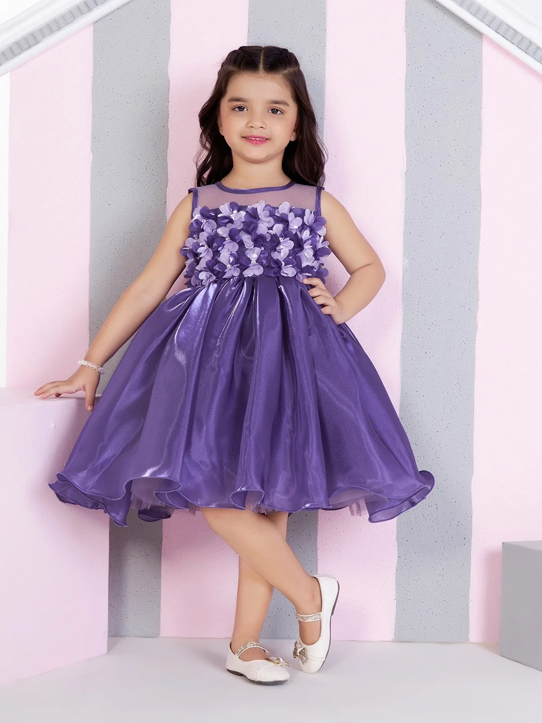 Ministitch Satin WovEn Sleevless 3d Floral Twotone Applique Dress - Purple image 1