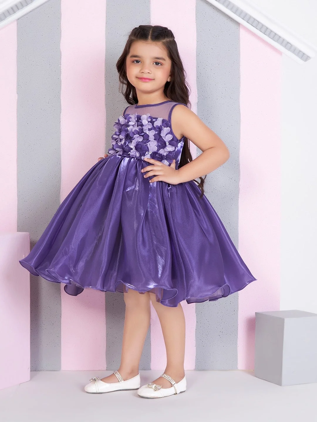 Ministitch Satin WovEn Sleevless 3d Floral Twotone Applique Dress - Purple image 2