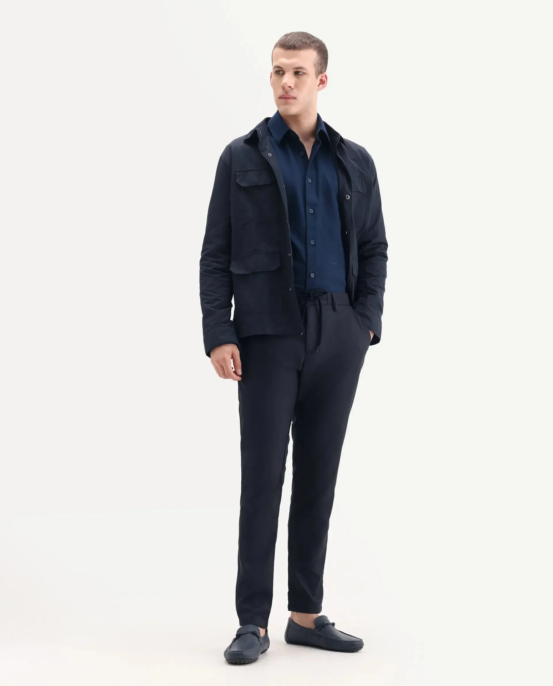 Rare Rabbit Men's Nimb Navy Polyester Fabric Drawstring And Button Closure High Rise Regular Fit Solid Trousers image 1