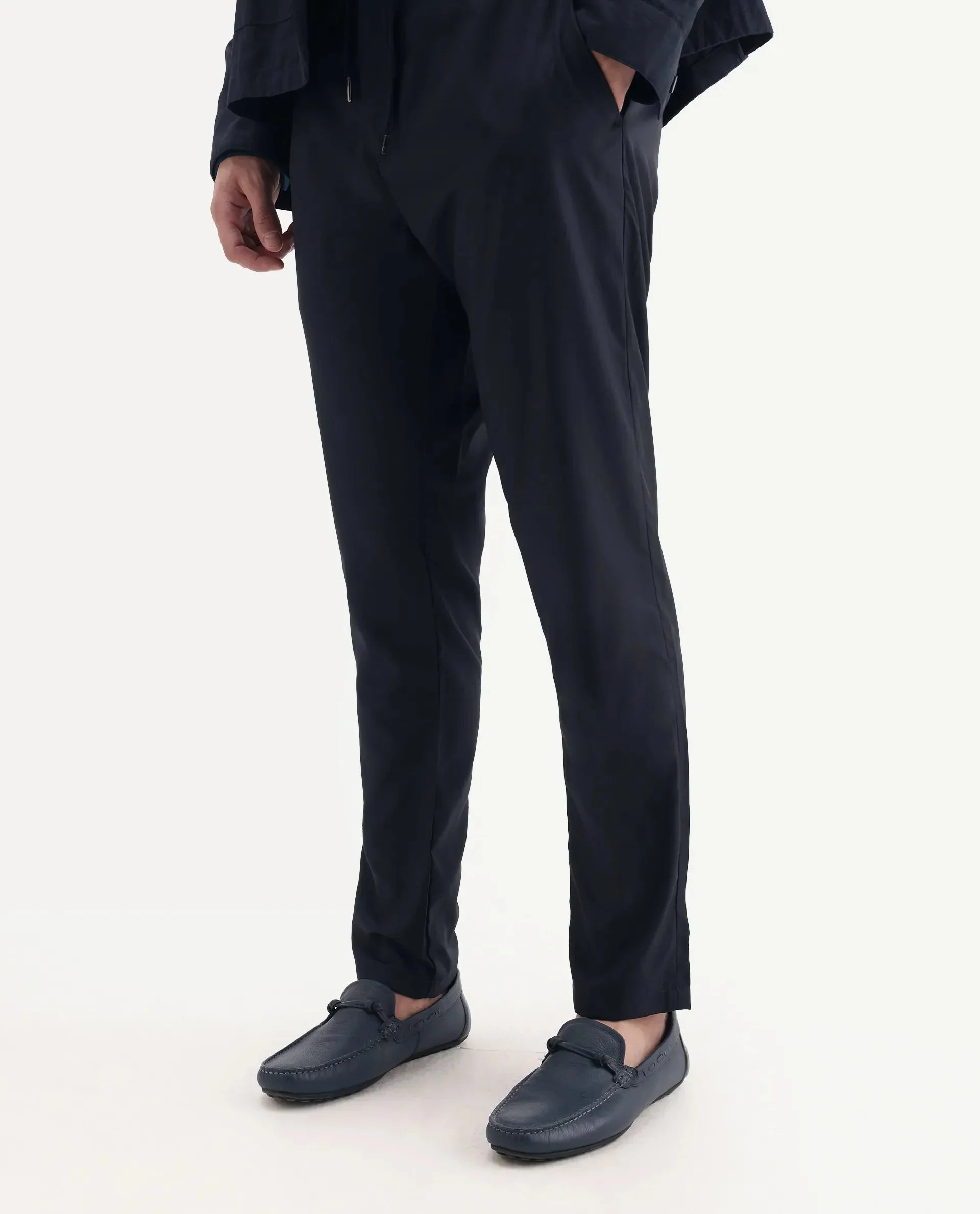 Rare Rabbit Men's Nimb Navy Polyester Fabric Drawstring And Button Closure High Rise Regular Fit Solid Trousers image 2