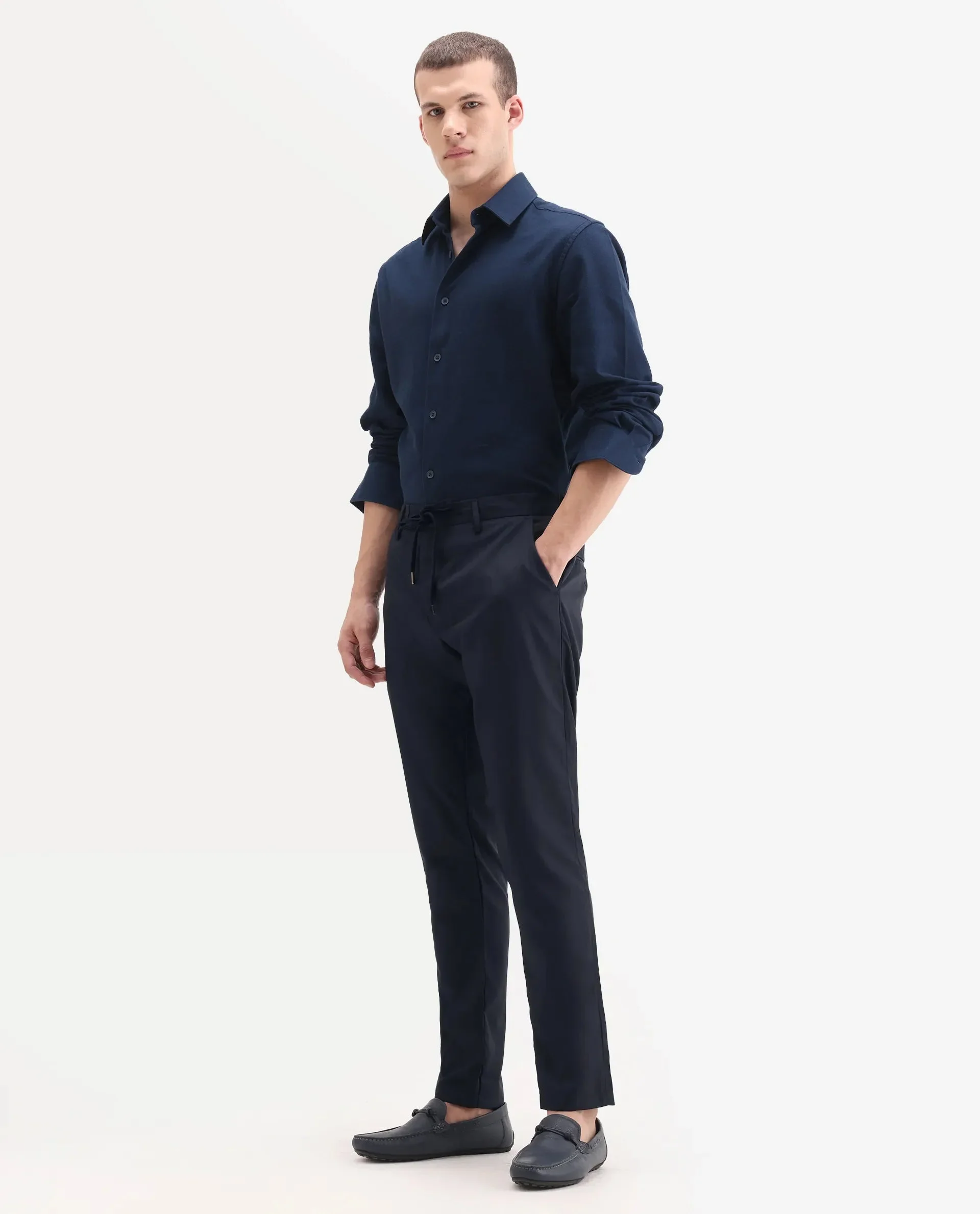 Rare Rabbit Men's Nimb Navy Polyester Fabric Drawstring And Button Closure High Rise Regular Fit Solid Trousers image 4