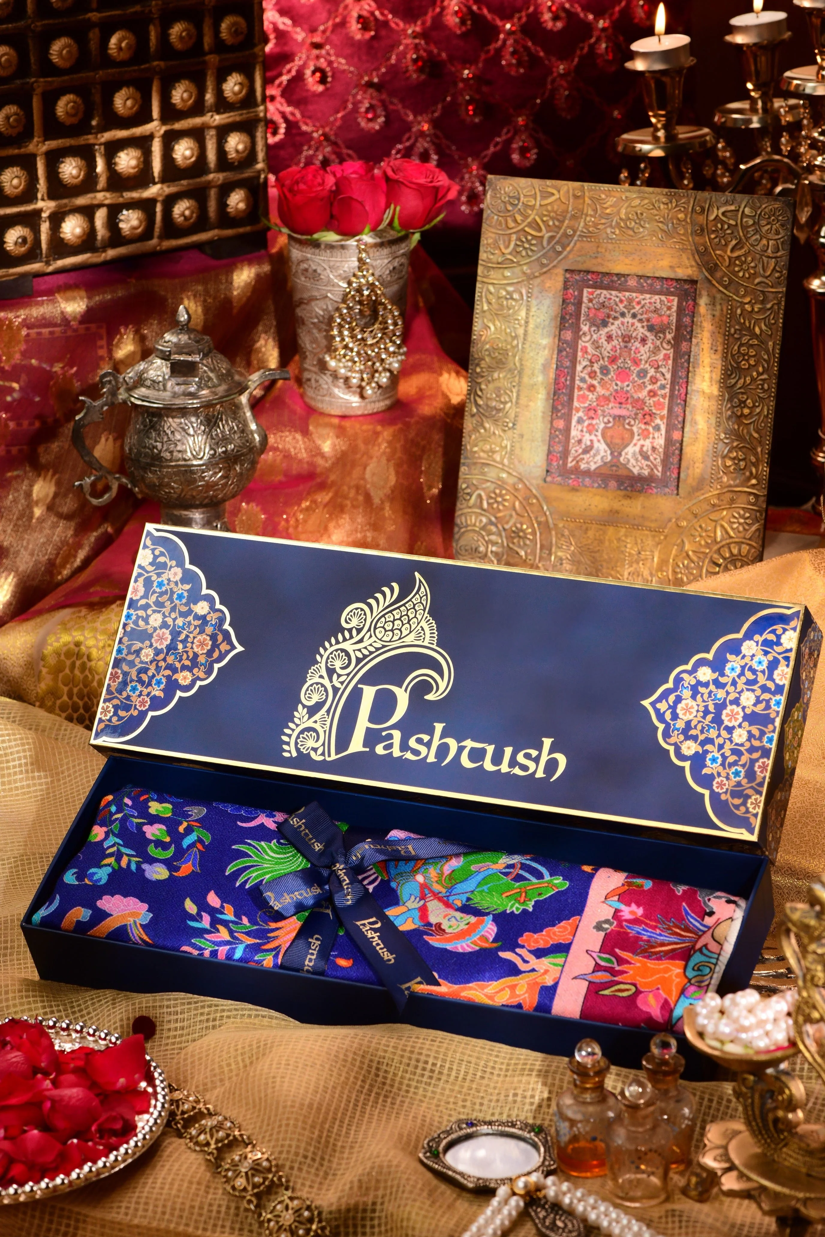 Pashtush womens Bamboo Stole, Shikardar design, Blue image 2