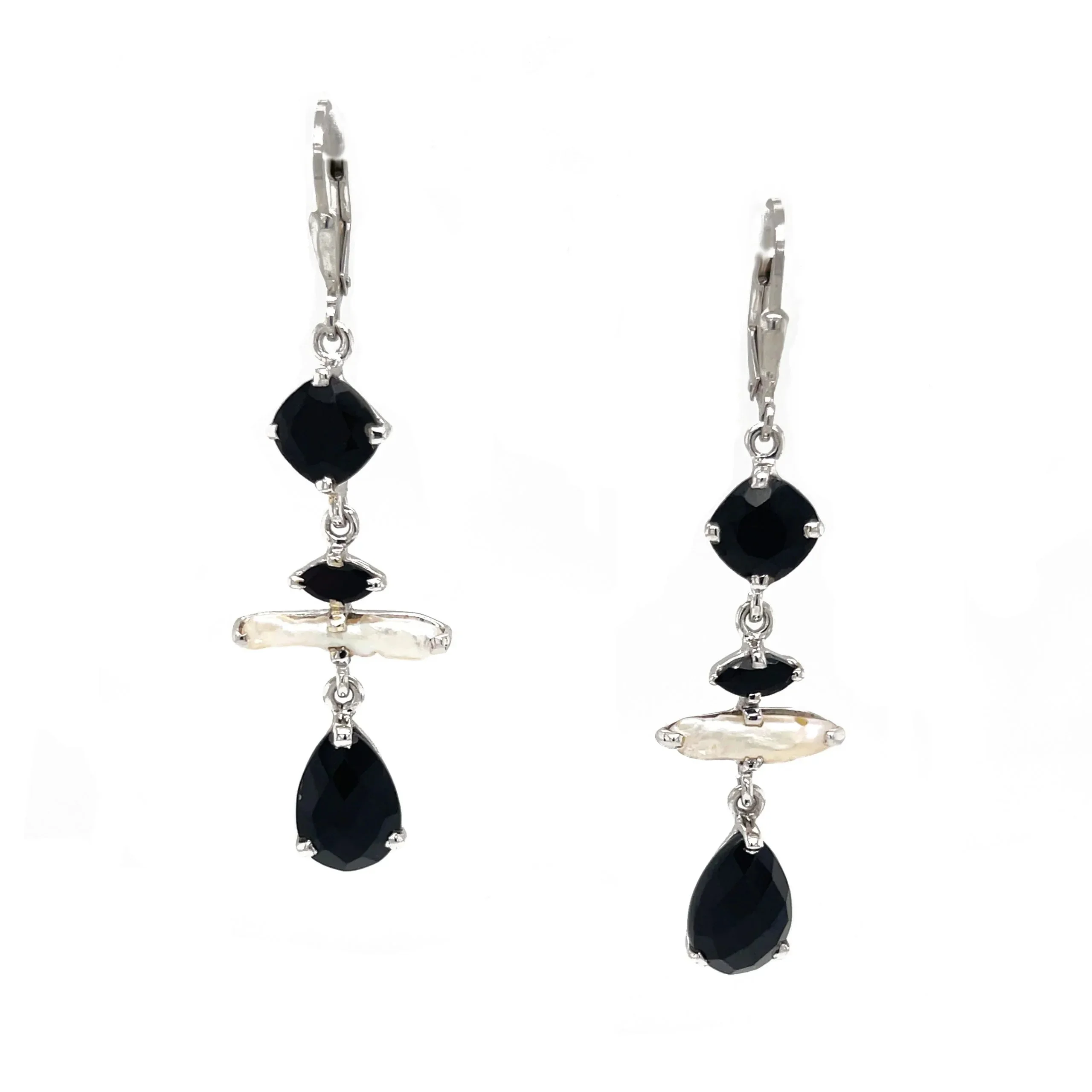 Sterling Silver Dangle Earrings with Pearl and Spinel image 1