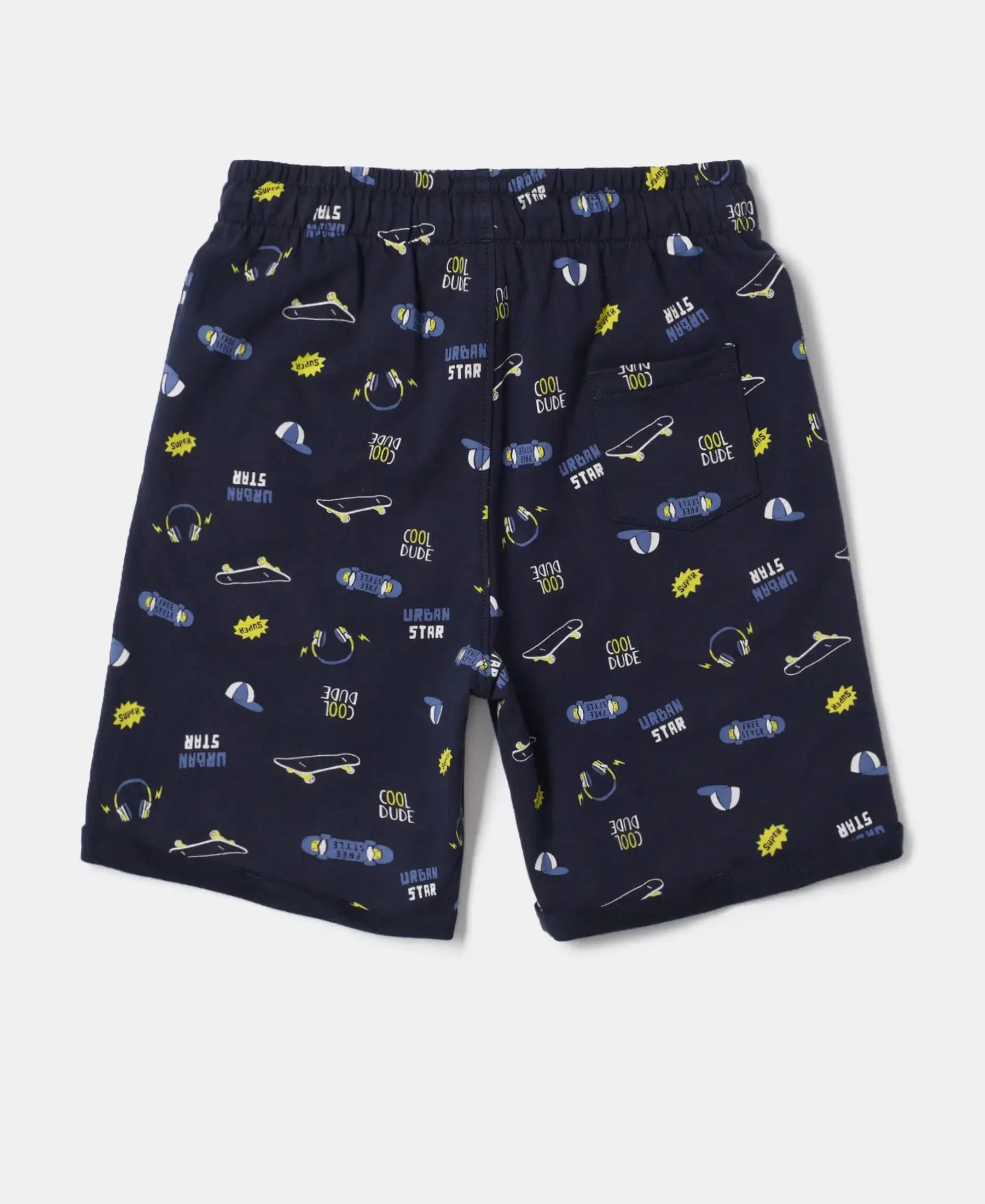 Boy's Super Combed Cotton French Terry Printed Shorts with Turn Up Hem Styling - Navy image 2
