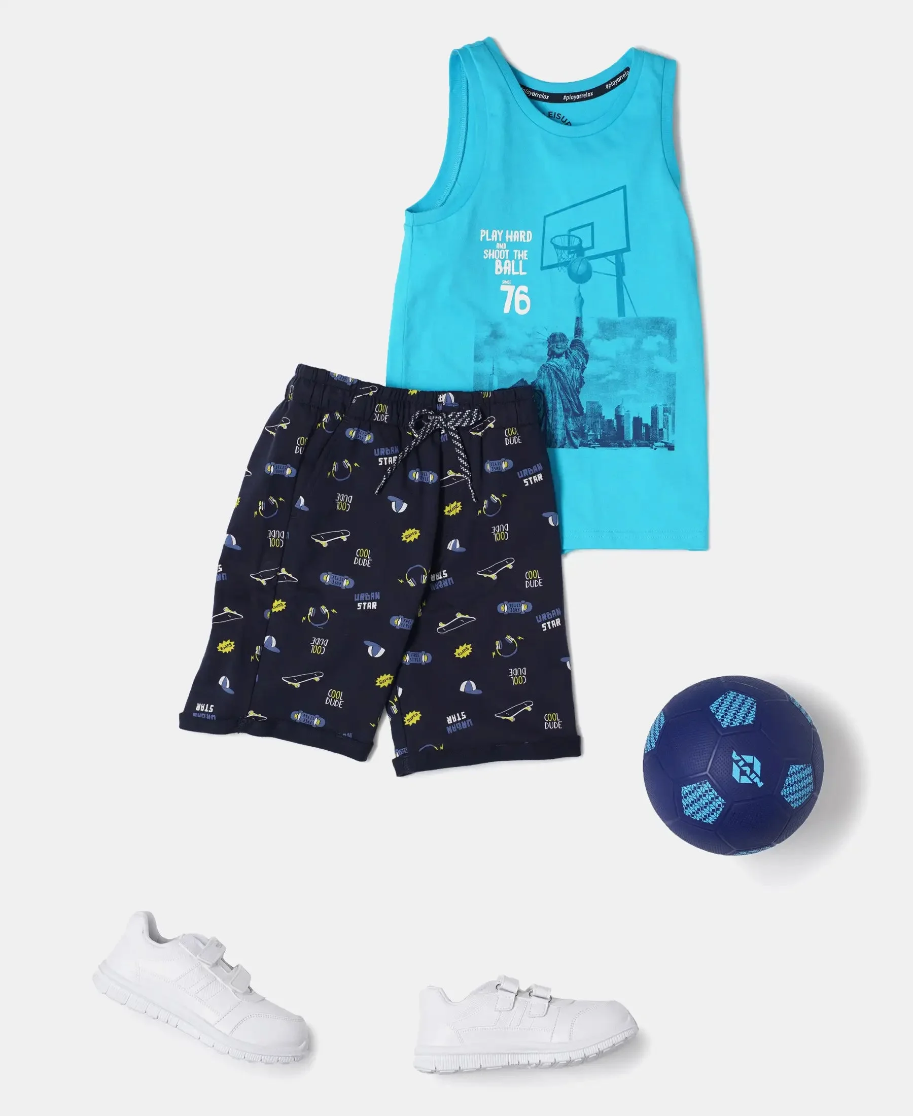 Boy's Super Combed Cotton French Terry Printed Shorts with Turn Up Hem Styling - Navy image 4